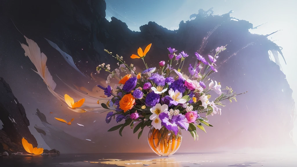32k, Masterpiece, Highest quality, One girl, Detailed eyes, flower,Alstroemeria, White and orange style,A dreamy, romantic piece,Pale purple, Mysterious Leaves,A playful arrangement,Fantasy,High Contrast,Ink strokes,explosion,Exposure, Impression of white and orange tones,Abstract,((Watercolours by John Berkey and Jeremy Mann )) Brush strokes,Negative Space, Tyndall effect,