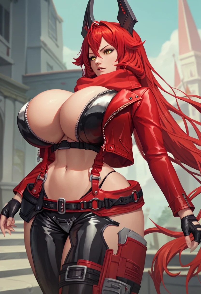 score_9, score_8_up, score_7_up, 1girl, solo, masterpiece, best quality, detailed, nikkeredhood, red hair, long hair, headgear, yellow eyes, red scarf, crop jacket, red jacket, black shrug \(clothing\), navel, midriff, zipper, , , suspenders, fingerless gloves, belt, black pants, asymmetrical legwear, hip vent, narrow waist, wide , huge , bursting , anime screencap