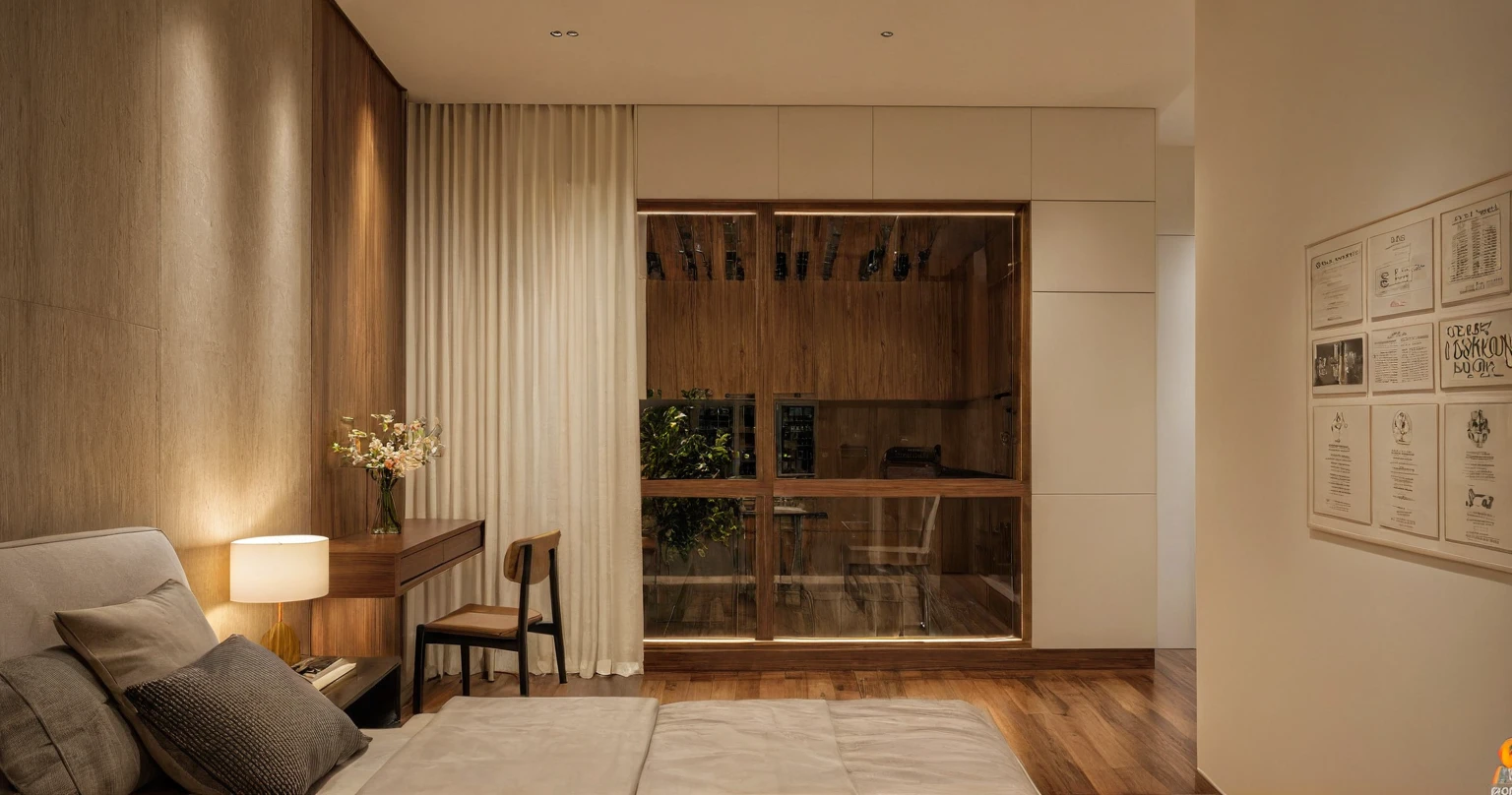 Raw photo,Masterpiece, high quality, best quality, authentic, super detail, interior, indoors, dinning room, kitchen room, style Indochine modern, minimalist line, aiaigroup , wooden, walnut veneer wood, led light, white paint wall, sofa, BED RooM