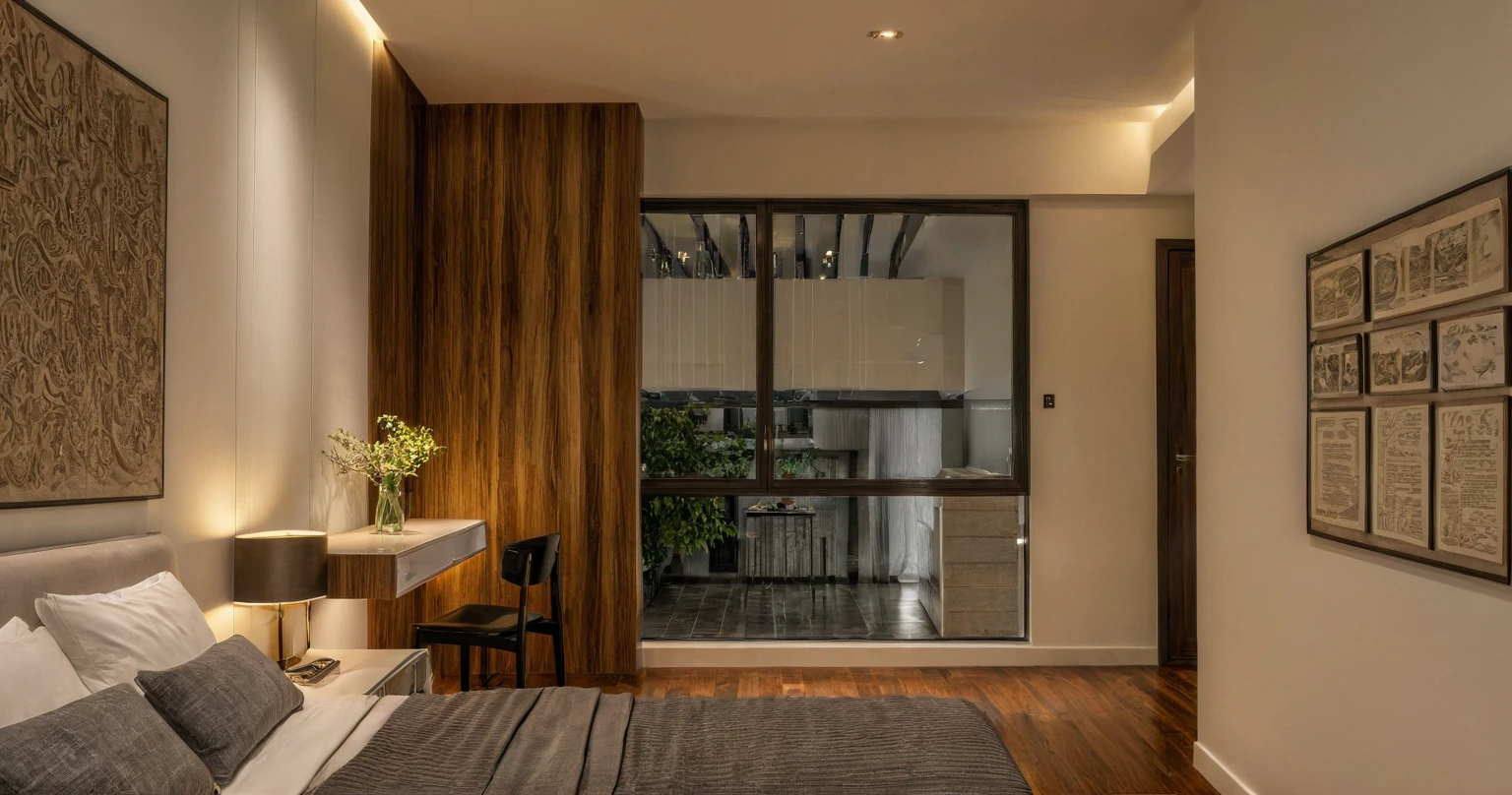 Raw photo,Masterpiece, high quality, best quality, authentic, super detail, interior, indoors, dinning room, kitchen room, style Indochine modern, minimalist line, aiaigroup , wooden, walnut veneer wood, led light, white paint wall, sofa, BED RooM