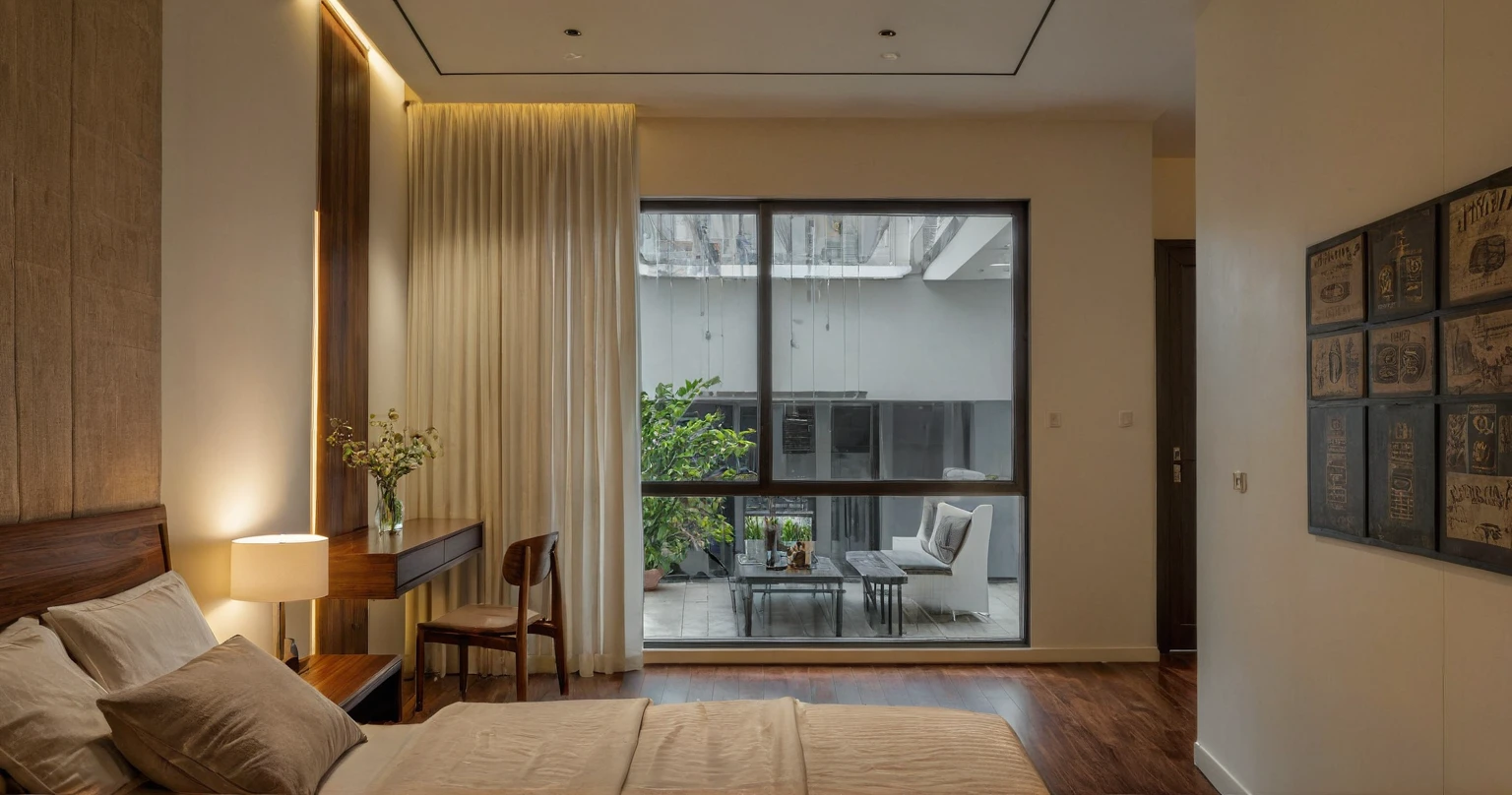 Raw photo,Masterpiece, high quality, best quality, authentic, super detail, interior, indoors, dinning room, kitchen room, style Indochine modern, minimalist line, aiaigroup , wooden, walnut veneer wood, led light, white paint wall, sofa, BED RooM
