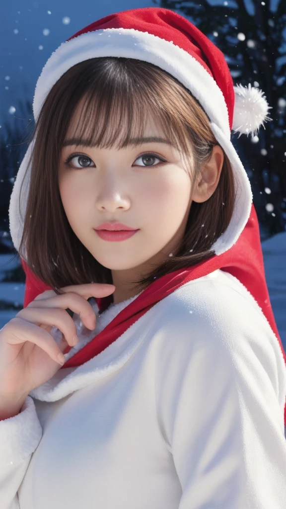 1girl, (santa claus costume slim fit:1.75), symmetry,(Cute ultra young girl:2.0),(ultra short hair:2.0), ultra big smile, (Beautiful large round droped detailed eyes:1.5), beautiful detailed lips, (extremely detailed beautiful face, natural makeup, slender girl's body Incredibly beautiful skin:2.0), (best quality,4k,8k,highres,masterpiece:2.0),(ultra-detailed,realistic,photorealistic,photo-realistic:1.75),professional,vivid colors,studio lighting on her face, (snowing night town,christmas eve:1.25)