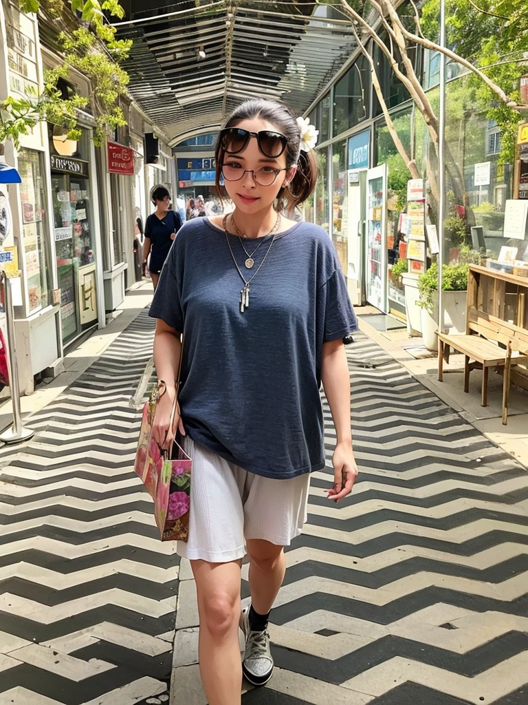 Highly detailed, high quality, masterpiece, 1 woman, walking down the street, shopping bag in both hands, happy expression, brown hair, tied into a messy bun, (casual wear: 1.1), white t-shirt, short skirt, high heels, light makeup, (silver necklace: 1.2), sunglasses on the head, holding flowers, people and storefront in the background, outdoors, sunny day.