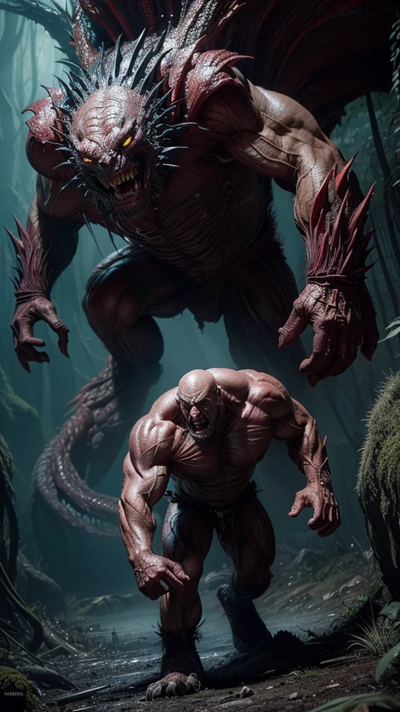 monstrous giant four-armed creature,hyper detailed,highly realistic,photorealistic,cinematic lighting,dramatic shadows,epic scale,muscular anatomy,veiny skin,sharp fangs,glowing eyes,intricate textures,moody atmosphere,masterpiece