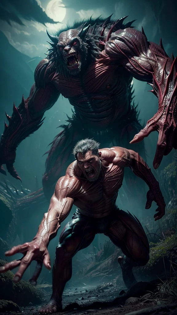 monstrous giant four-armed creature,hyper detailed,highly realistic,photorealistic,cinematic lighting,dramatic shadows,epic scale,muscular anatomy,veiny skin,sharp fangs,glowing eyes,intricate textures,moody atmosphere,masterpiece