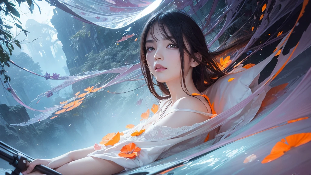 32k, Masterpiece, Highest quality, One girl, Detailed eyes, flower,Alstroemeria, White and orange style,A dreamy, romantic piece,Pale purple, Mysterious Leaves,A playful arrangement,Fantasy,High Contrast,Ink strokes,explosion,Exposure, Impression of white and orange tones,Abstract,((Watercolours by John Berkey and Jeremy Mann )) Brush strokes,Negative Space, Tyndall effect,