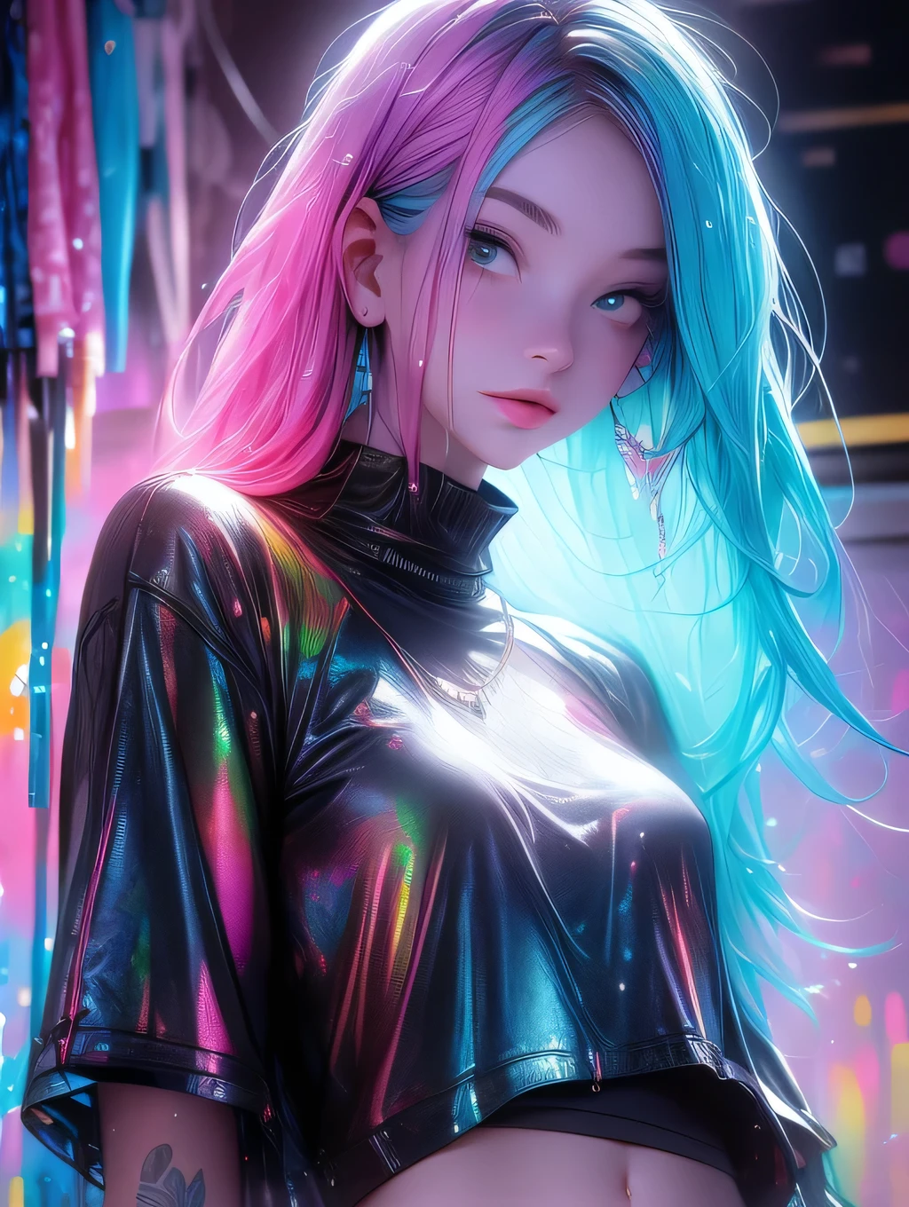 (ink spatter)，colorful glitter color，lamp，rainbow，cyber punk，The girl，Look to the camera，gooey girl，Flowy tank shorts，against the wall，grandes olhos redondos，Cute，