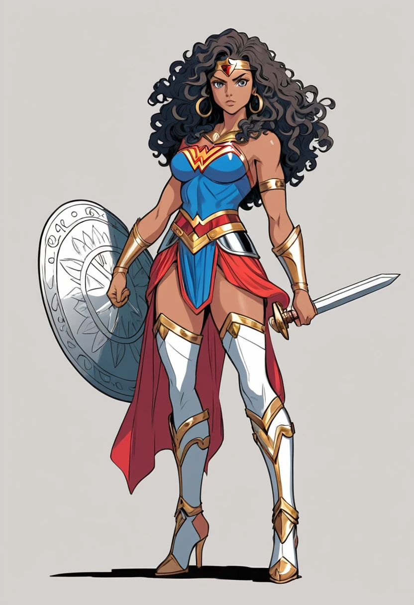Vector Art, smooth line art, graphic design aesthetics, ultra realistic, flat illustration, (masterpiece, best quality, perfect composition, very aesthetic, ultra detailed, intricate details, Professional, official art, line art Woman, dressed for combat, with long naturally curly hair, Nubian warrior with sword and shield, vibrant, full body, no words, realistic photo, black and white vector illustration, white background, black and white drawing, color page, coloring book, only use outline cartoon style, clean line art, (wonder women, no shading, girl with a sword). behind image different shapes to fill the entire page