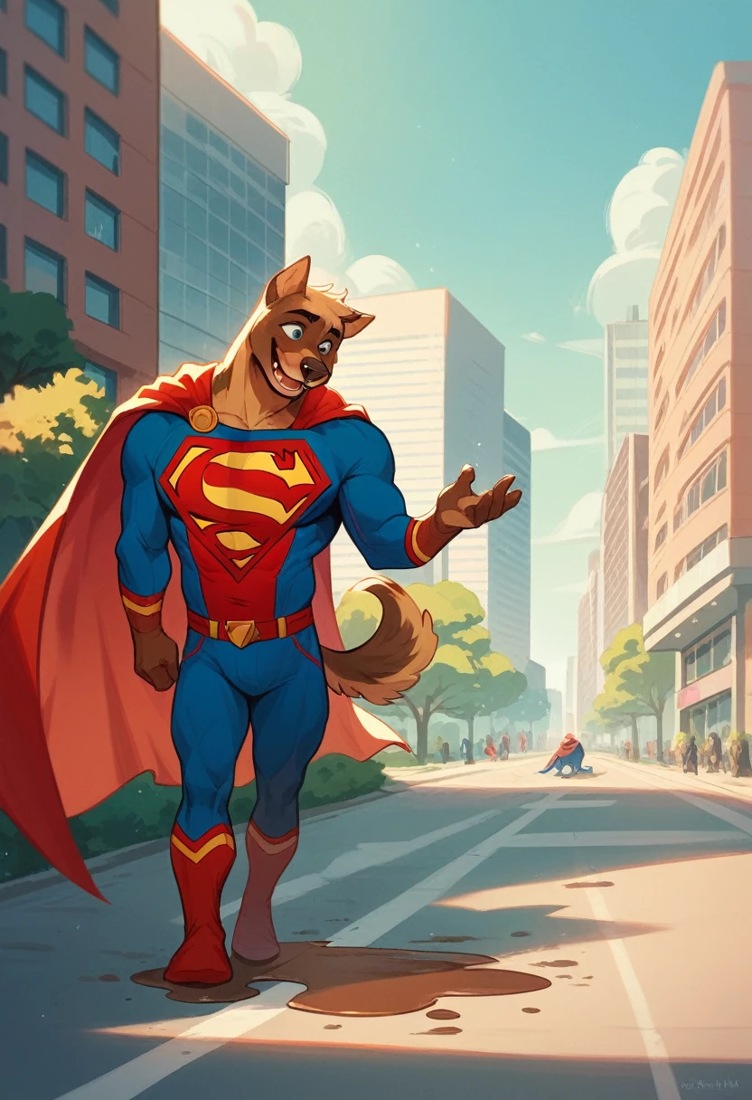 photo of gibli adorable brown puddle type dog wagging its tail, wearing superman cape, in the city park, afternoon, 4k