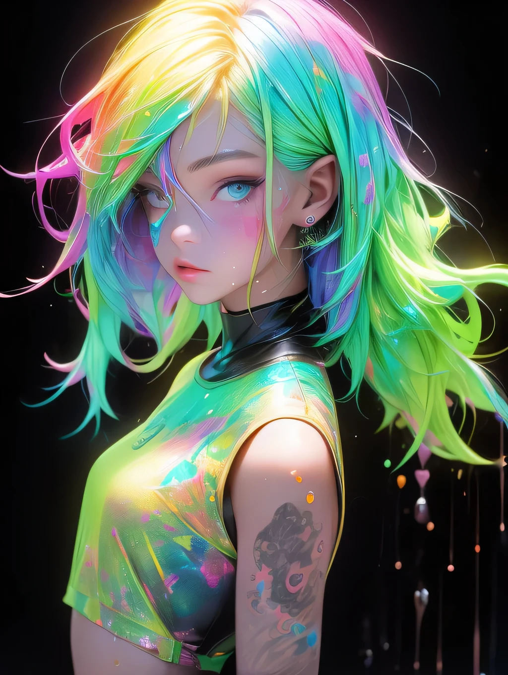 (ink spatter),colorful glitter color,lamp,rainbow,cyber punk,The girl,Look to the camera,gooey girl,Flowy tank shorts,against the wall,grandes olhos redondos,Cute,