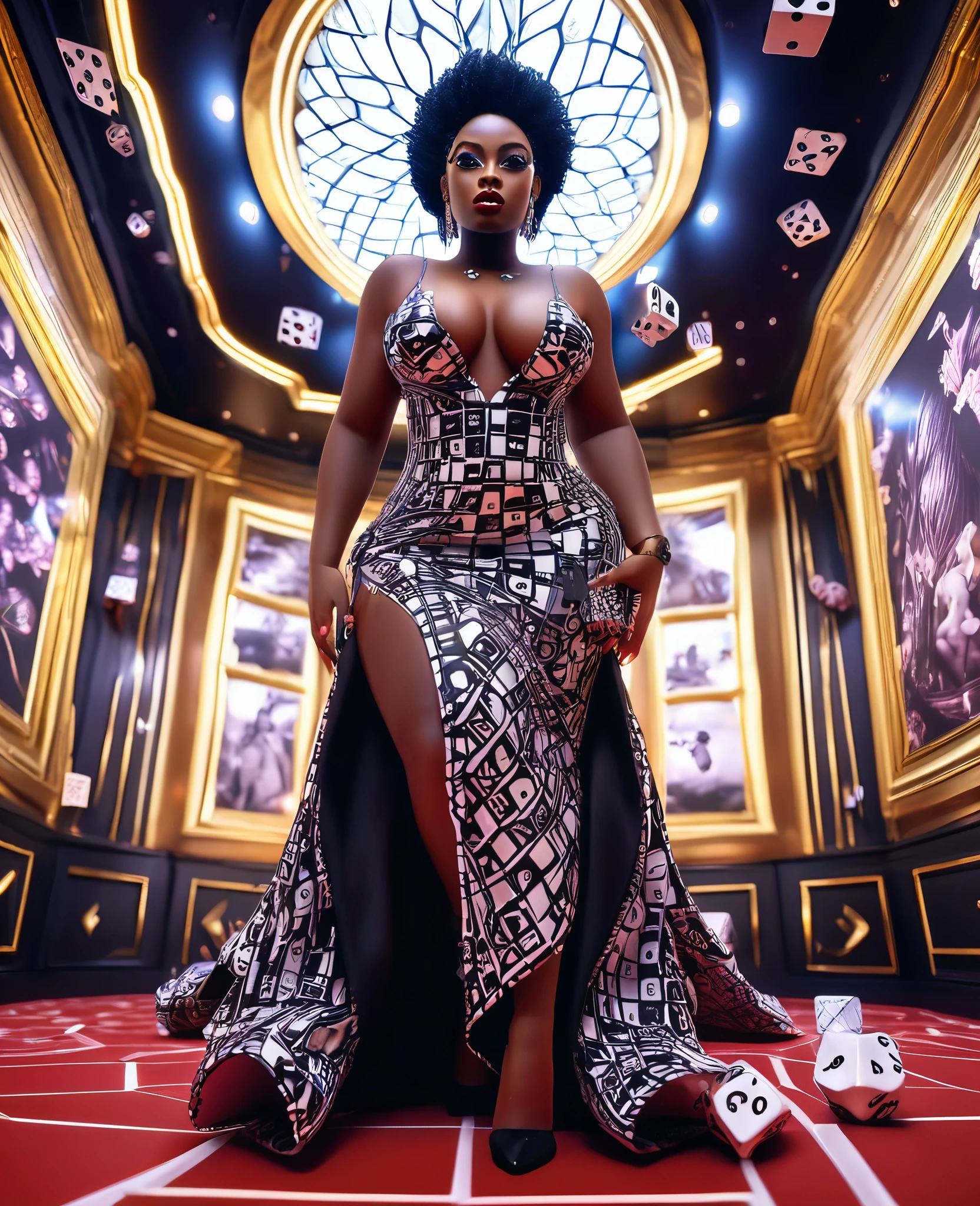 fish eye lens view from a low angle shot of a curvy Black woman in a beautiful dress standing in a dice designed room, with rolling dice designs on the walls, floor and ceilings, 32k ultra HD, hyper-realistic image, unreal engine rendered