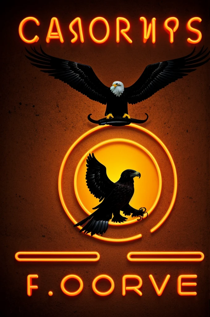Create a logo that has the words FOSFO in neon orange with a black background and behind the letters it has a phosphorescent eagle eating a snake