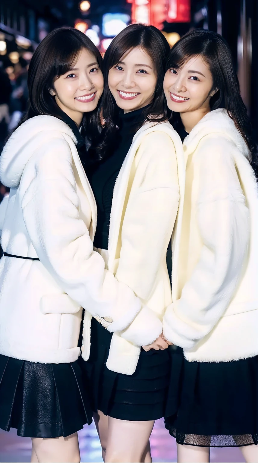 8K, RAW Photos, Full body photo, Realistic: 1.25), (Lip gloss, eyelash, Glossy face, Glowing Skin, Super beautiful sexy Japanese women, 20-year-old, Highest quality, Ultra-high resolution, Depth of written boundary, chromatic aberration, Caustics, Moisturized lips, Ultra Cropped Face, Shining Detail Eyes, Half-up dark brown hair, Snazzy, Same height, White long coat, Thick long coat, Feather long coat, Black knit dress, Black mini skirt, Black long boots, Three girls standing and hugging each other, Big Breasts, Sheer