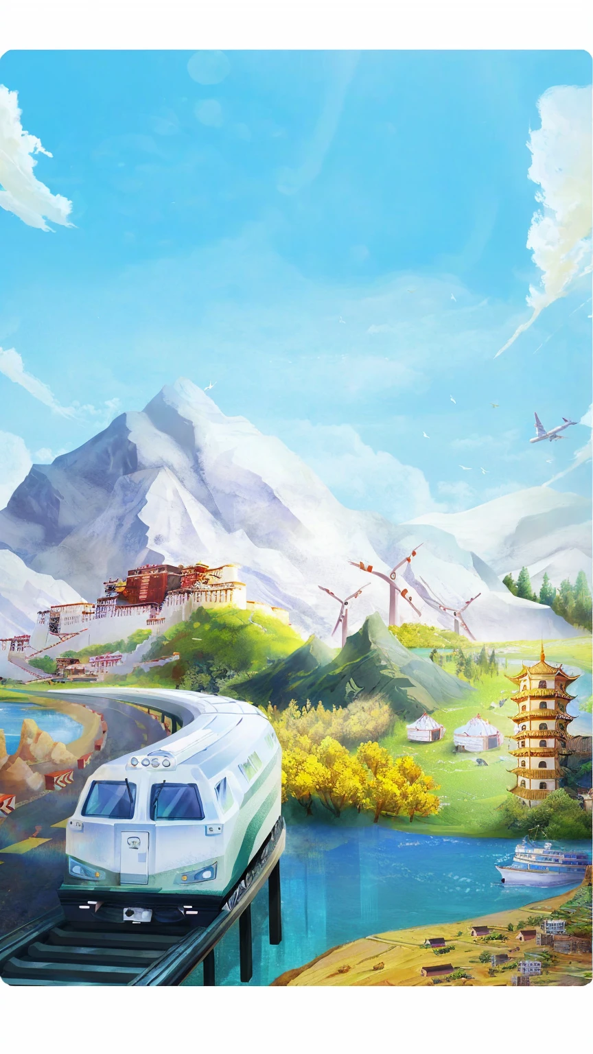 painting of a train traveling down tracks near a mountain range, illustration matte painting, environment design illustration, environmental concept art, a beautiful artwork illustration, cinematic silk road lanscape, environment painting, optimistic matte painting, fantasy matte painting，cute, scenery game concept art, game art matte painting, detailed scenery —width 672, concept art. epic landscape