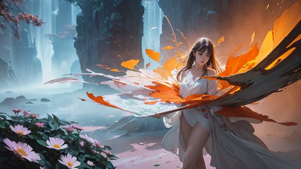 32k, Masterpiece, Highest quality, One girl, Detailed eyes, flower,Alstroemeria, White and orange style,A dreamy, romantic piece,Pale purple, Mysterious Leaves,A playful arrangement,Fantasy,High Contrast,Ink strokes,explosion,Exposure, Impression of white and orange tones,Abstract,((Watercolours by John Berkey and Jeremy Mann )) Brush strokes,Negative Space, Tyndall effect,