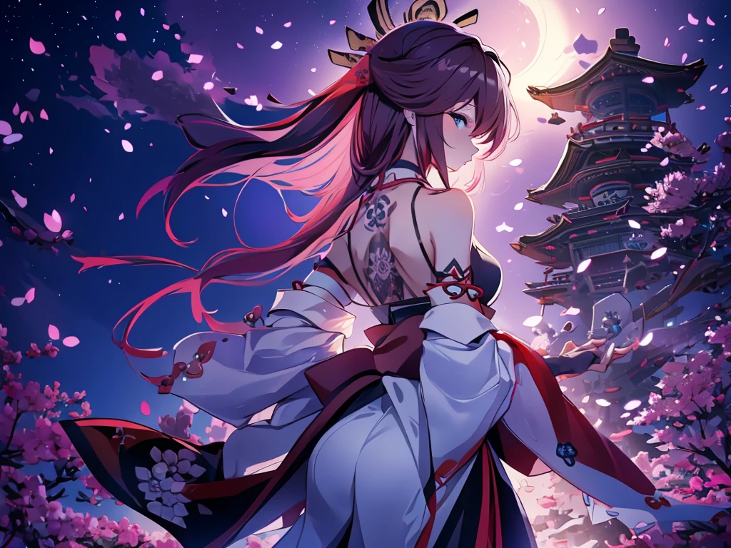 samurai girl with tattooed back and two katanas, with dark hair, with a white outfit showing her shoulder. with the image of destroyed Japanese temples with blue fire as a backdrop. Blue night sky full of stars, with pink Japanese cherry tree leaves falling