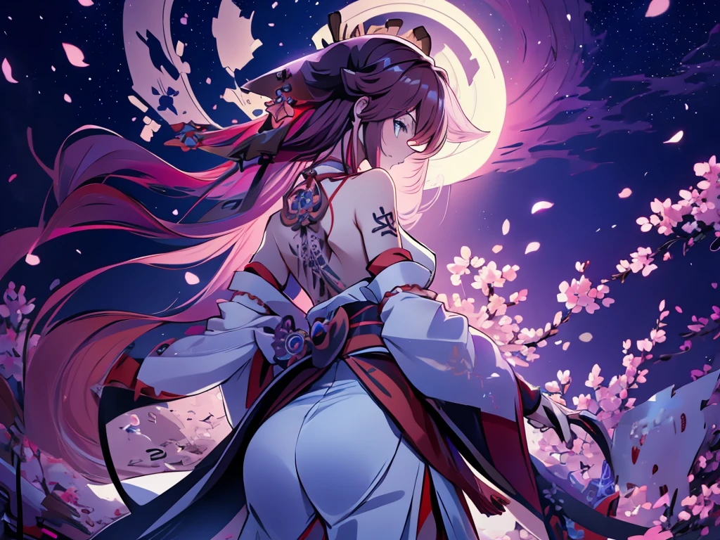 samurai girl with tattooed back and two katanas, with dark hair, with a white outfit showing her shoulder. with the image of destroyed Japanese temples with blue fire as a backdrop. Blue night sky full of stars, with pink Japanese cherry tree leaves falling