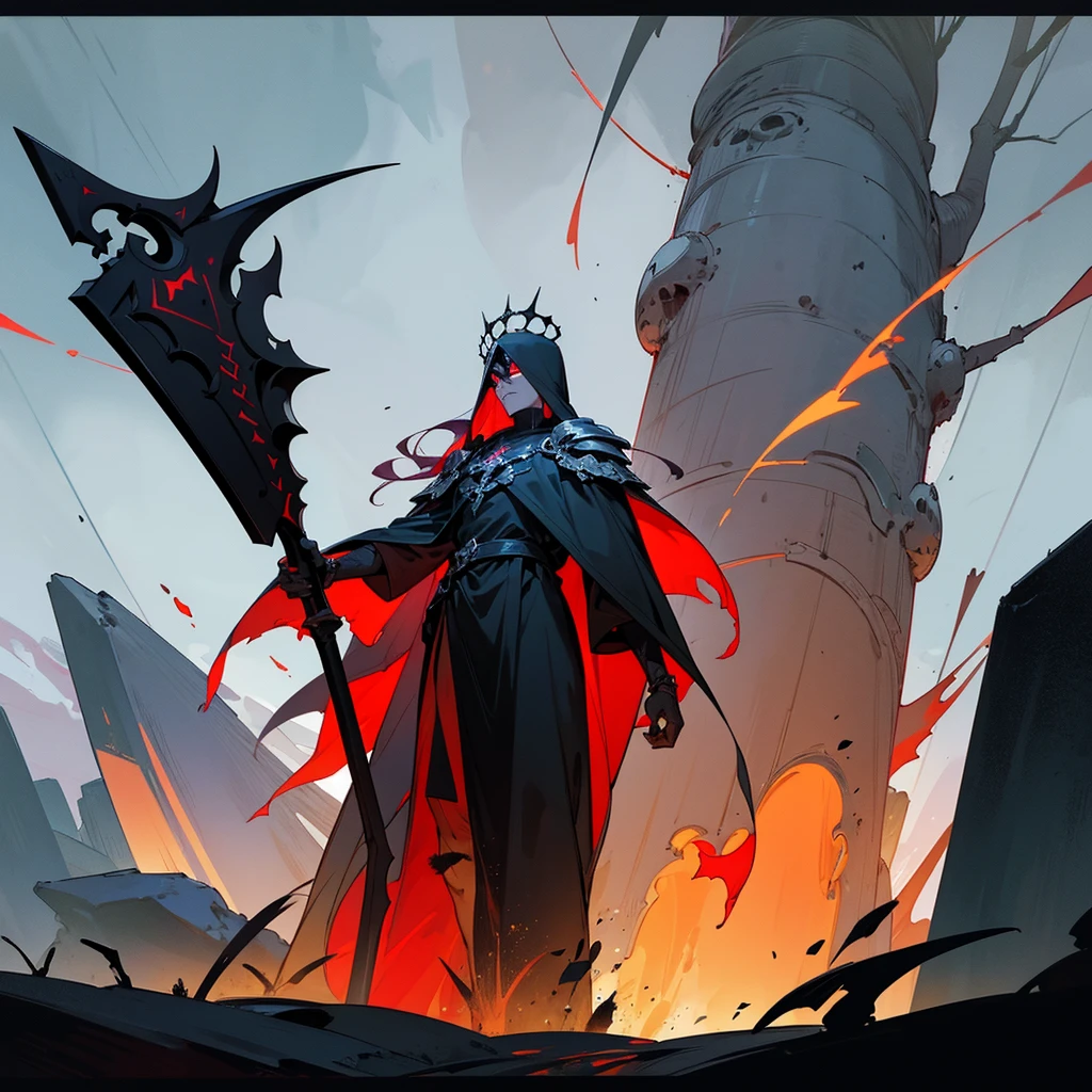 Prepare to be represented by Noxius, the god of destruction and death, in balance with Elysia, We are going to create an image that contrasts with Elysia's but also reflects their connection and balance. Here is a description for the Noxius image:
**Image Description:**
- **Appearance of Noxius:** An imposing, dark being with an intimidating presence. His skin is pale in color with black veins like marble.. blue eyes.
- **Clothing:** Dressed in black, worn armor that emits a dark and sinister aura. Red and metallic gray details.
- **Hair:** long and black, looking messy and wild, or completely bald, depending on the image you prefer for a god of destruction.
- **Divine Attributes:** A crown of thorns or a helmet adorned with symbols of death. He carries a large sword or scythe that glows with a dark, menacing aura..
- **Around:** A desolate and gloomy landscape that symbolizes destruction. Withered fields, dry trees, erupting volcanoes and dark skies with storm clouds.
- **Additional items:** Dark and spectral creatures, like crows, wolves and shadows, that surround him and emphasize his dominion over death.