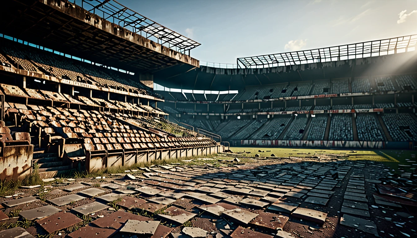 A ruined football stadium with a few supporters, highly detailed, realistic, photorealistic, cinematic lighting, dramatic composition, dynamic camera angle, gritty and weathered textures, moody color palette, evocative atmosphere, beautiful volumetric lighting, dramatic shadows, cinematic depth of field, ultra-detailed, 8k, best quality, masterpiece