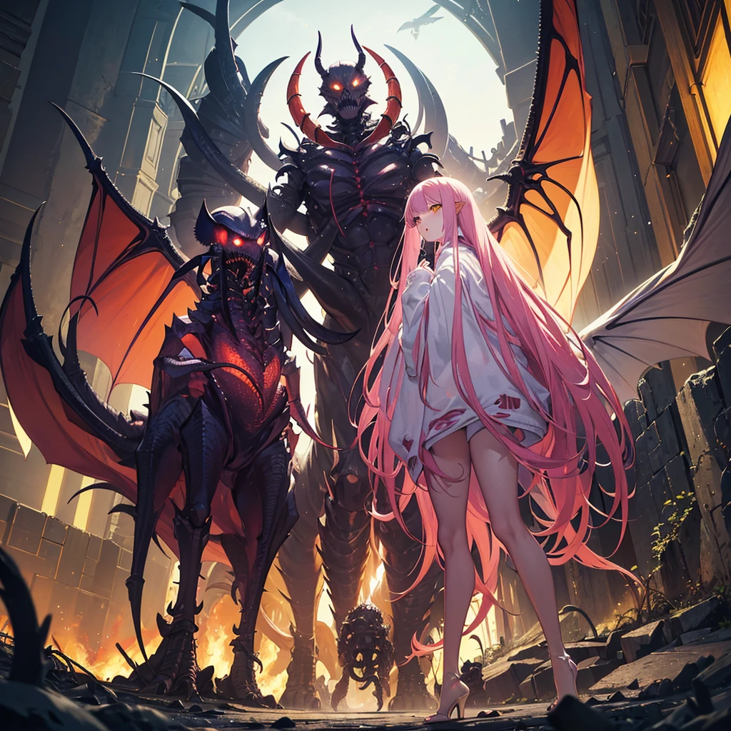 (masterpiece art, high best quality image, very detailed features) 
Horror scene, apocaliptic ambience
(1monster, disturbing "humanoid" creature, ugly and disturbing, wasp abomination, 5 meters height, red exo-skeleton, big long wasp monster head, four horns, two yellow eyes with scarlet triangled pupils, closed long big mouth full of sharp lined yellow teeth, yellow mouth pincers, very long arms, hands with long fingers and thumbs ended in sharp pink claws, two short arms in the chest, long sharped legs, big feet, toes with claws, long and fat wasp tail with long sharp sabre sting, huge purple bat wings on the back, pink tentacles from the wings,)
Its standing dominant and calm on a destroyed city park, located in Ottawa Canada, raining day