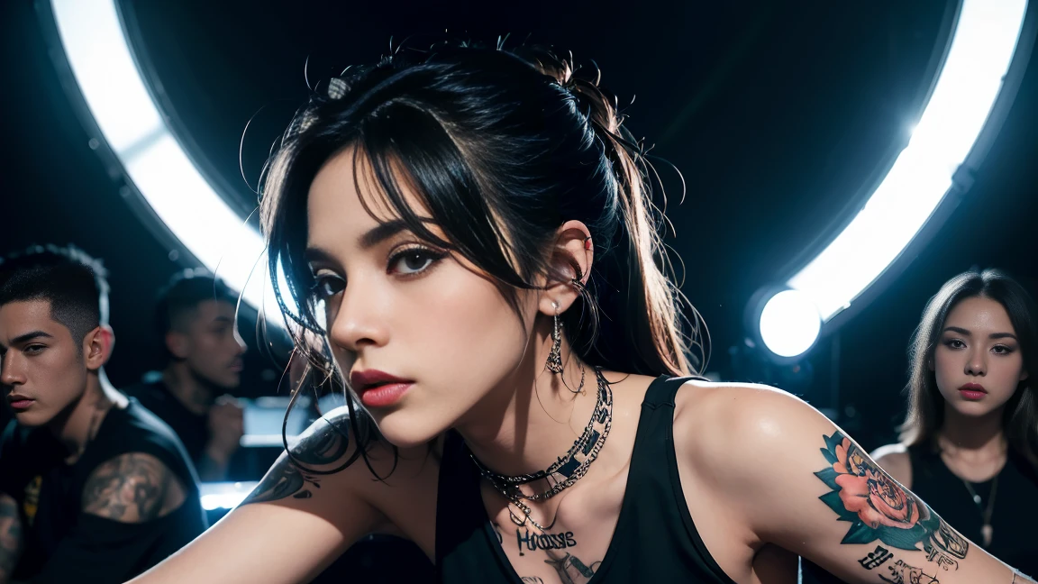 techno music, house music, dancing girls, DJ girl, realistic, high res, tank top, tattoos, piercing, brads, live music, class, htclub DJ, Dancing Inspired, Looking at Camera, Wide shooting, cinema lens, skin glowing,