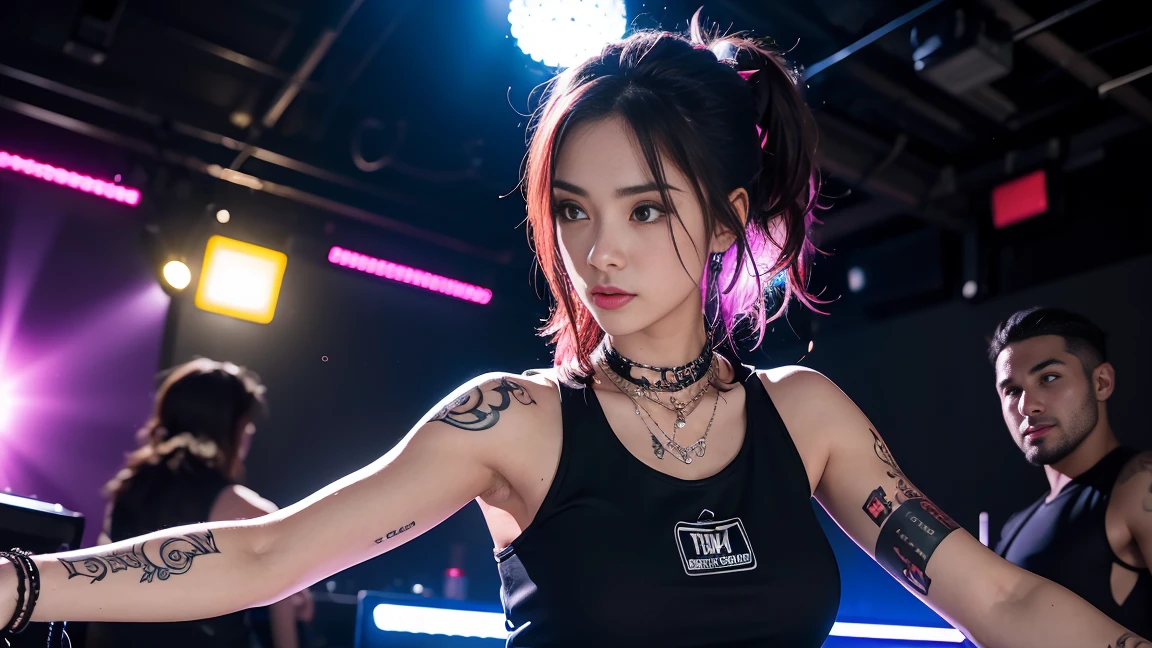 techno music, house music, dancing girls, DJ girl, realistic, high res, tank top, tattoos, piercing, brads, live music, class, Nightclub DJ, Dancing Inspired, Looking at Camera, Wide shooting, cinema lens, skin glowing,