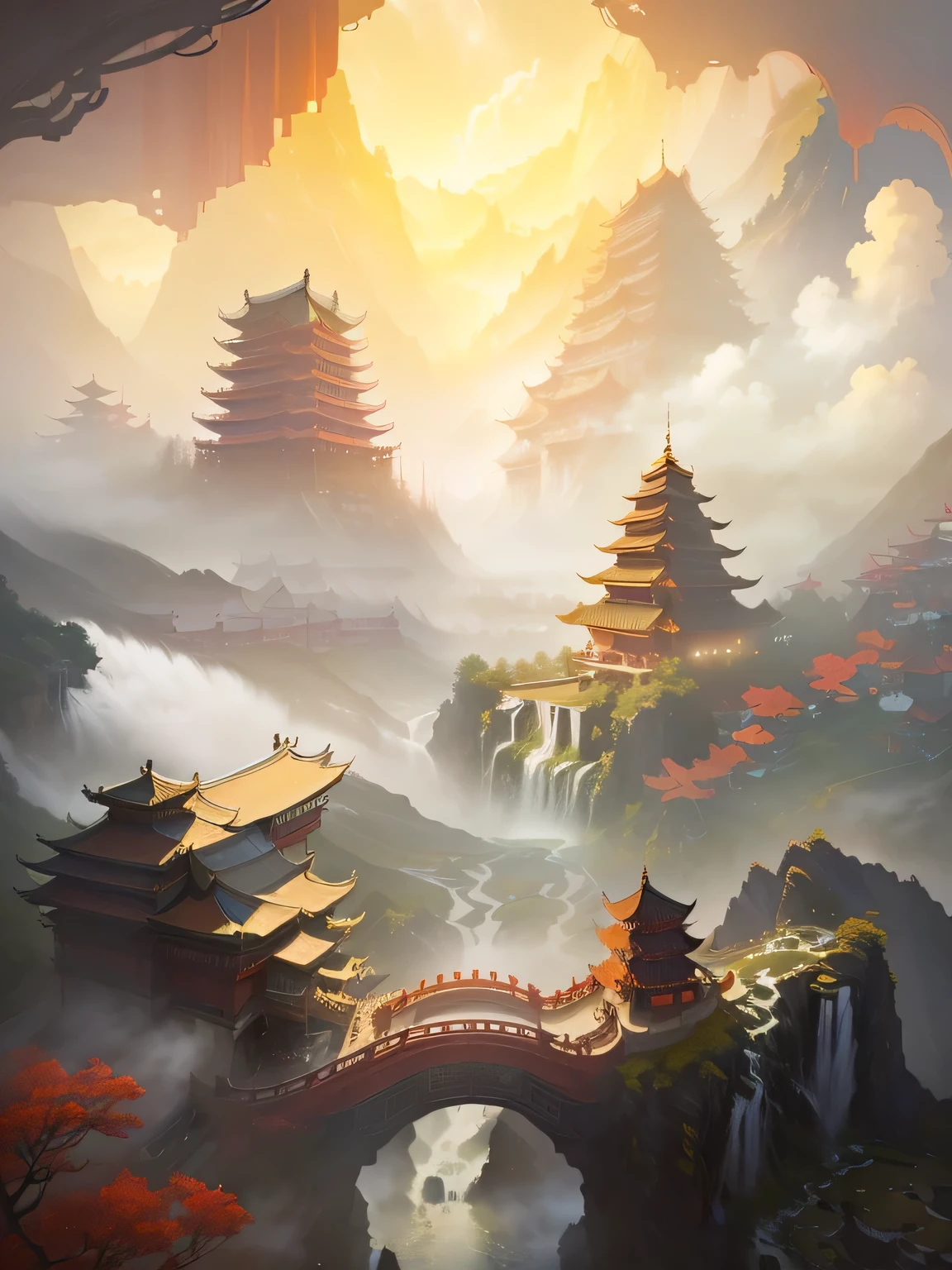 There is a bridge in the painting,Waterfall and pagoda in the background, Chinese Fantasy, author:Yang J, Dreamy Chinatown, Ross Chen. Landscape background, author:Fan Qi, Impressive fantasy landscape, g liulian art style, Chinese scenery, author:Song Xu, author Victor Wang, rossdraws Global Illumination, by Qu Leilei, Andreas Rocha style