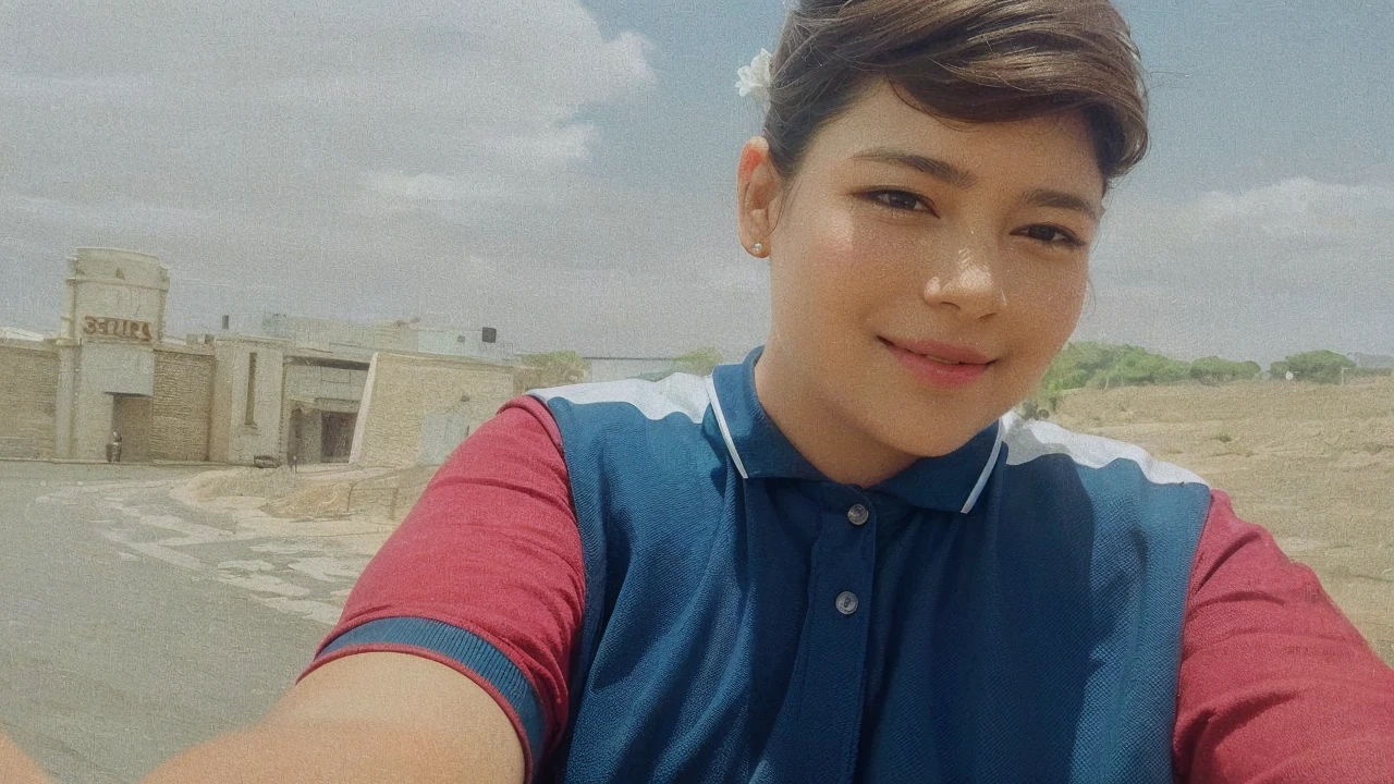 Highly detailed, high quality, masterpiece, 1 woman, walking down the street, shopping bag in both hands, happy expression, brown hair, tied into a messy bun, (casual wear: 1.1), white t-shirt, short skirt, high heels, light makeup, (silver necklace: 1.2), sunglasses on the head, holding flowers, people and storefront in the background, outdoors, sunny day.