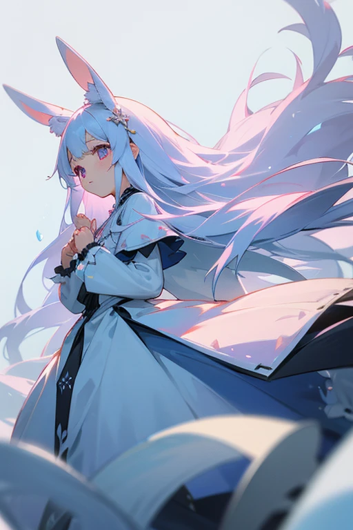 Long white hair straight。Young Girl。Droopy eyes and ephemeral appearance、Ice blue and pink odd eyes。A princess with the ability to control snow。spirit。sacred、beautiful、cute。Pitiful。 ta Dresses。She loves rabbits。