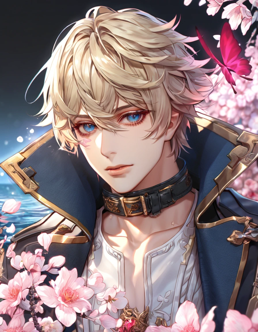 absurdres, highres, ultra detailed, HDR, master piece, best quality, extremely detailed face, delicated features, Julius Visconti, ash-blonde messy hair, short hair, hair that has bangs hanging on the left side, hair between the eyes, God Eater 2, solo, sexy man, handsome, a black collar with gold buckle, black coat, with gold accents, white shirt, water, blossoms, pink flowers, pink butterflies, fantasy, magic, radiant