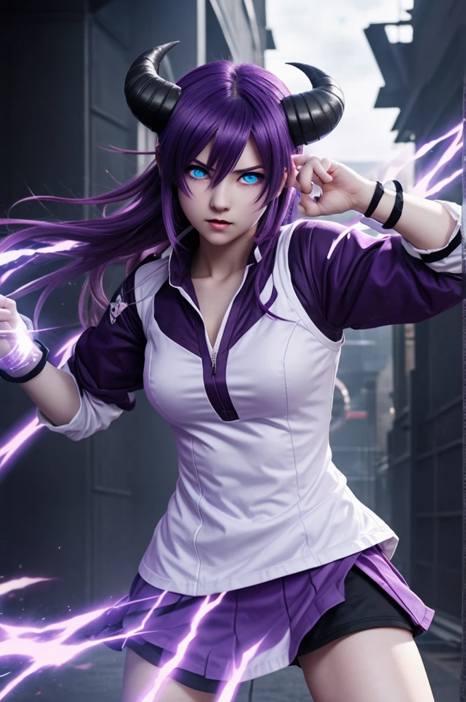 Anime girl with dark purple horns, medium purple hair with white gradient, complete clothing, light blue eyes, Very angry, losing control, with fighting stance