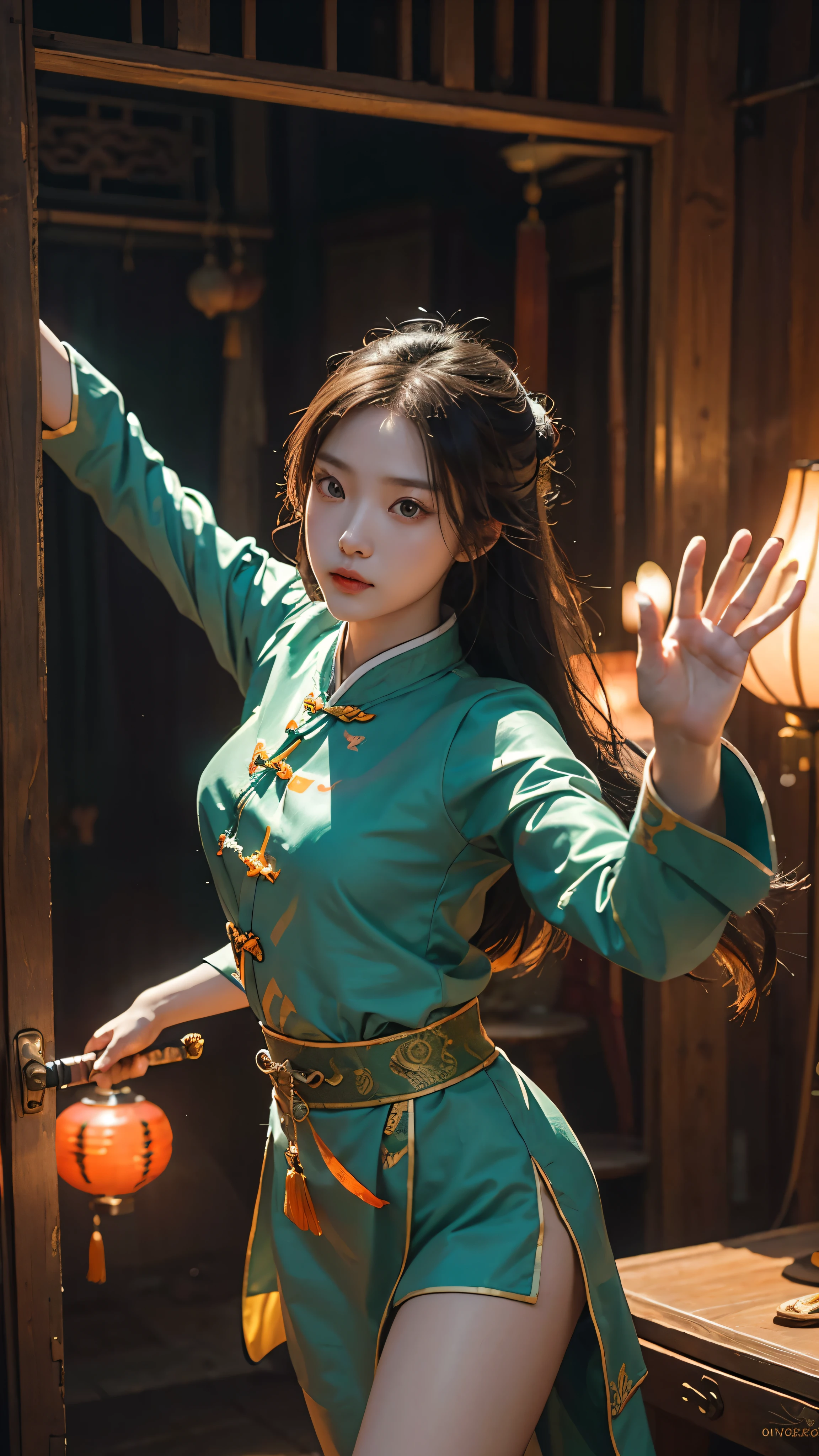 Fisheye lens with flames in the background、Chinese girl dancing sword in Tang dynasty costume、people、Upward light、Ray Tracing、Edge Light、Glow effect、Exaggerated action、Exaggerated perspective、orange、green、Realistic ultra-fine rendering style、Super detailed、Blender、Octane Adjustment