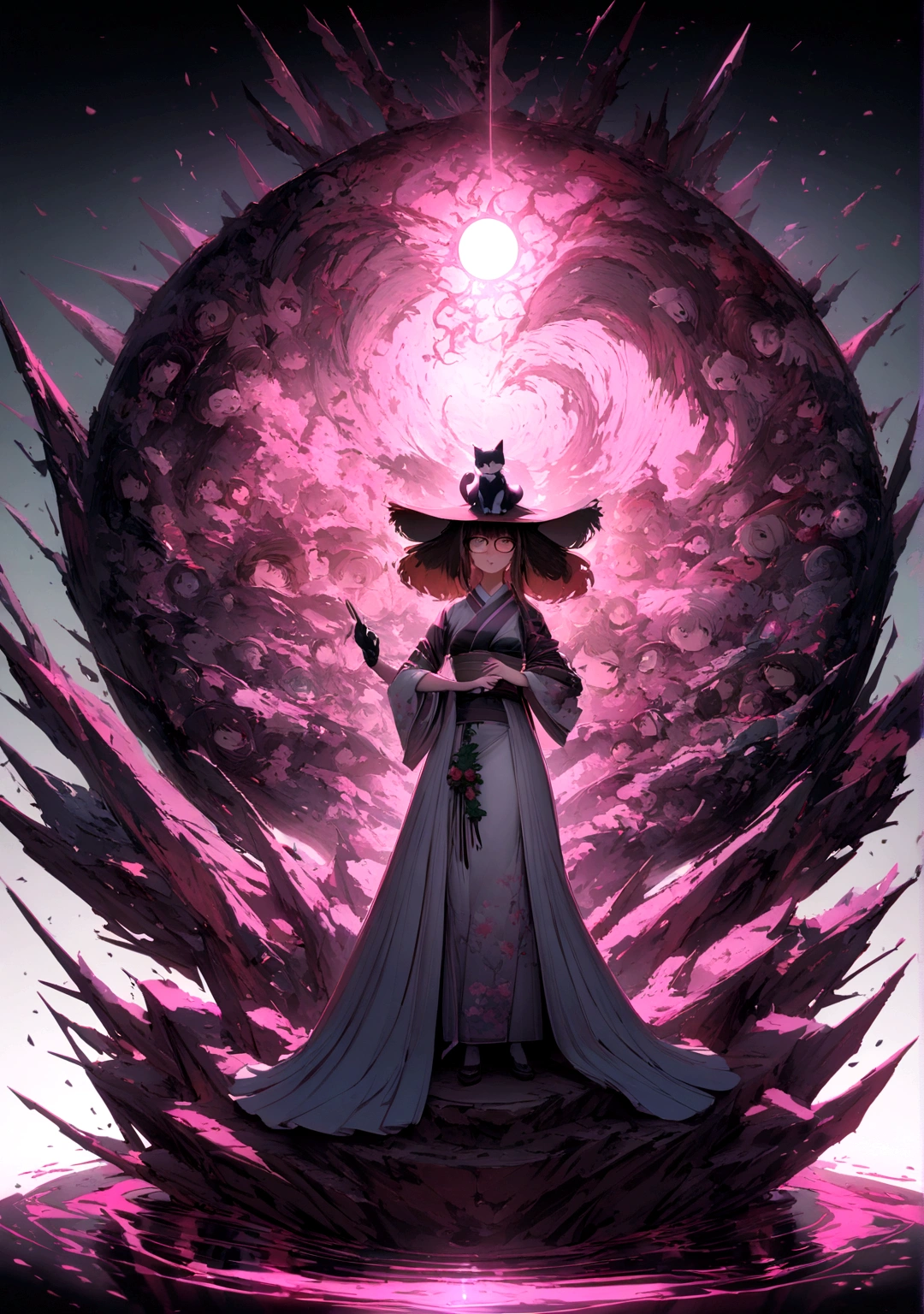 Perfect centering, Cute kitten, wear Kimono, Wear sunglasses,  Standing position, Abstract Beauty, Centered, Looking into the camera, To the camera, Near perfect, dynamic, moonlight, Very detailed, Digital Painting, artステーション, コンセプトart, Smooth, Sharp focus, 8K, High resolution, figure, art：Carne Griffith、Vadim Kashin, White Background