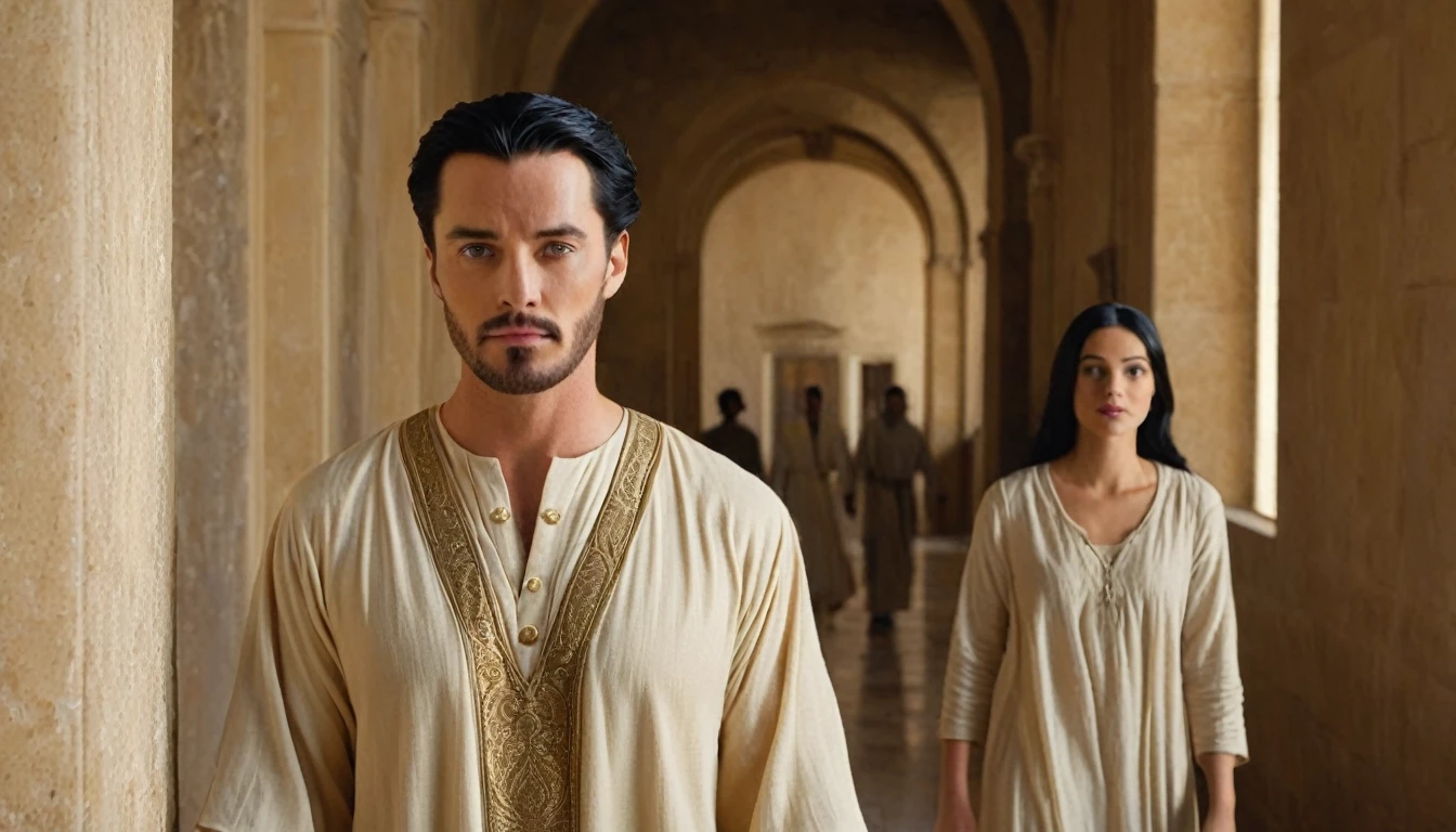 Handsome man wearing an elegant tunic from the time of Jesus, looking productively with a villainous look, standing in the corridor of a palace, in the background a beautiful young woman with black hair, beige and gray tunic, with a blurred face