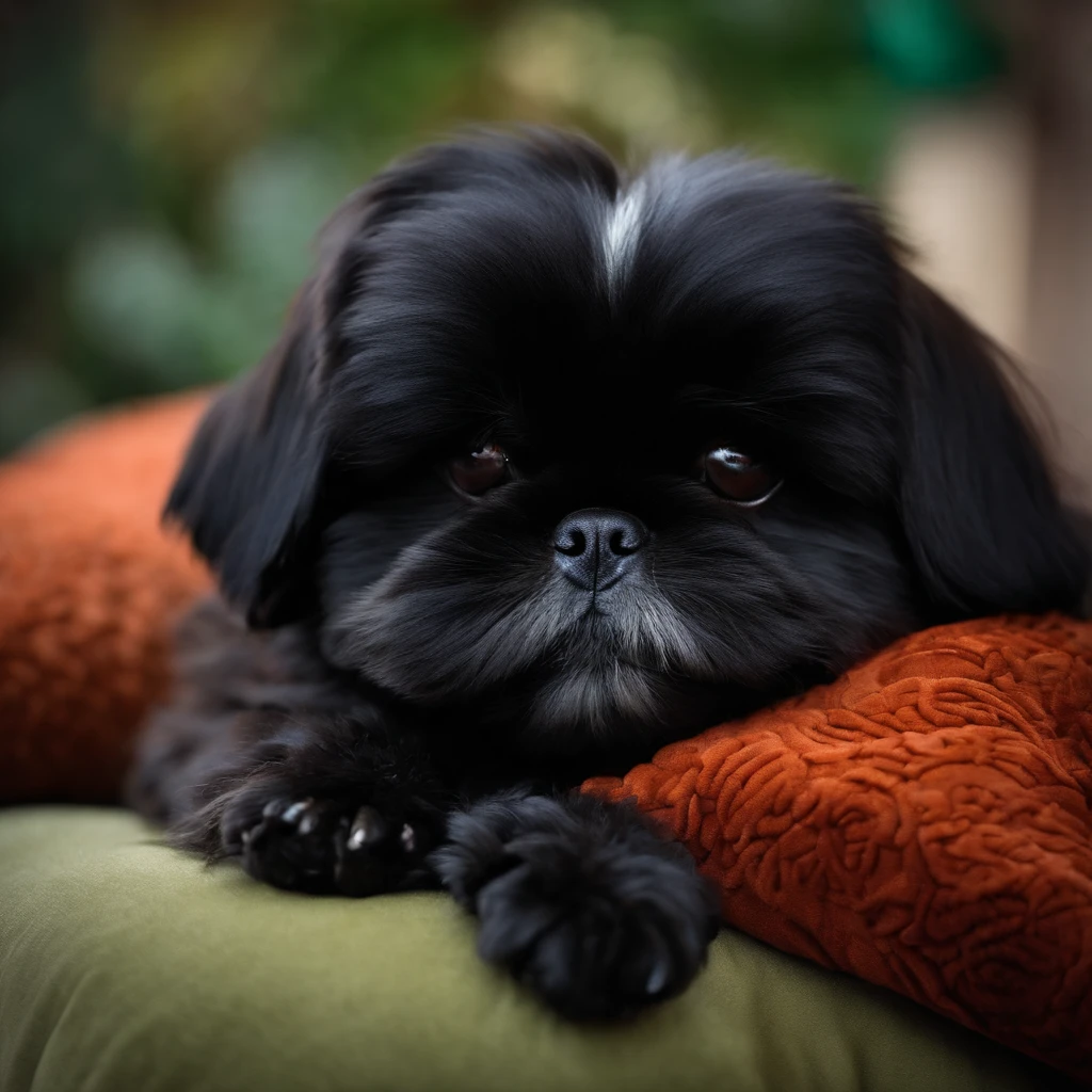 Adorable black shih tzu sleeping on a pillow

