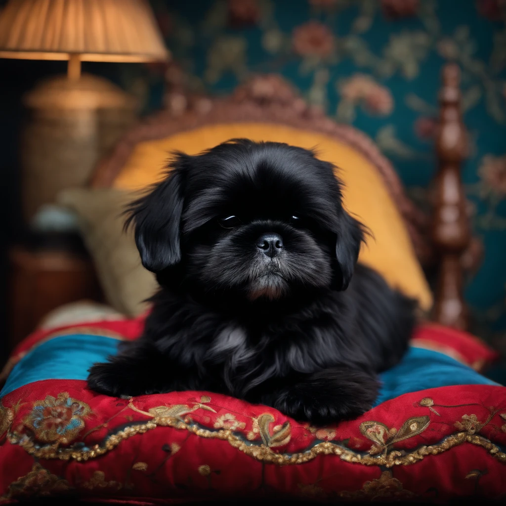 Adorable black shih tzu sleeping on a pillow

