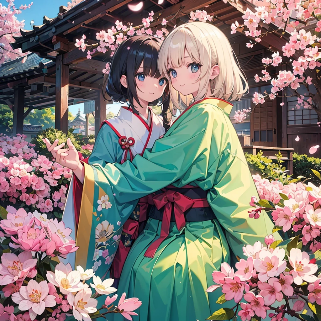 Official Art, wallpaper, Very detailed, (((Very detailedな目と顔))), shut your mouth, Warm smile,masterpiece, best quality, Realistic Portraits, (Zendispute, Mandala, dispute, Endispute), kimono, Very detailed, Dynamic Angle, The most beautiful form of chaos, elegant, Brutalist design, Vibrant colors, Romantic cherry blossoms,outdoor,Sunlight,landscape