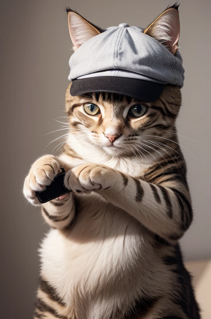Make a cat with a cap using his cell phone