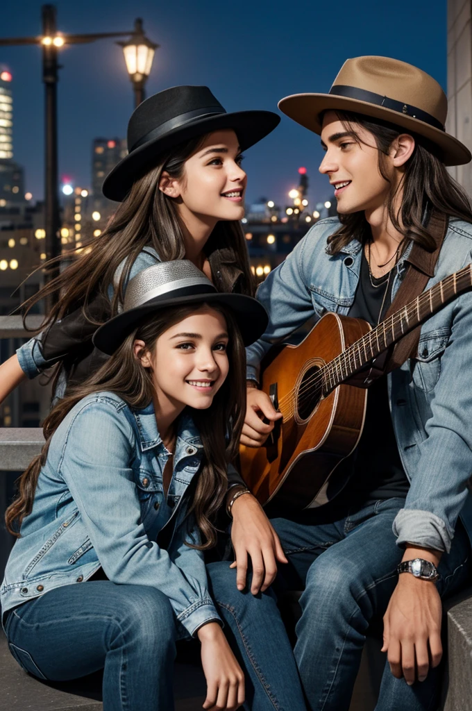 two adult brothers sitting on the ledge of a building in the night city, looking into each other's eyes, happy. The woman has long, wavy brown hair, brown eyes, and a shiny silver blouse. The boy has wavy brown hair with a black hat pulled back, a jean jacket, singing with an acoustic guitar. comic and anime style