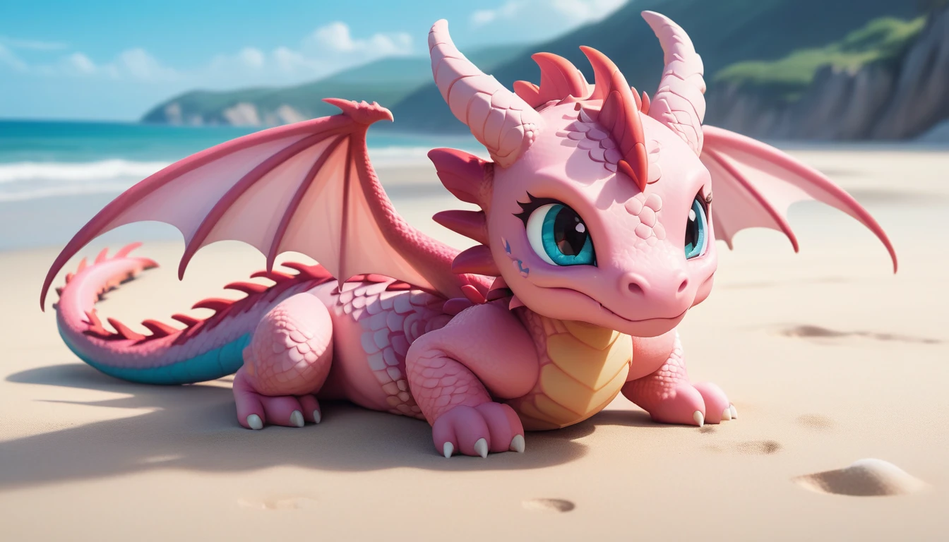 masterpiece,high quality,monster,solo,dragon ,(chibi:1.2),,(pink body:1.2),(pink dragon:1.2),horns,wings,lying on the ground,injured,unhappy,looking forward,looking sideways,head focus,poor,seaside,beach,blue sky,landscape,(non-human:1.2),lying,frustrated_brow,annoyed,frustrated,on stomach,bright-colored