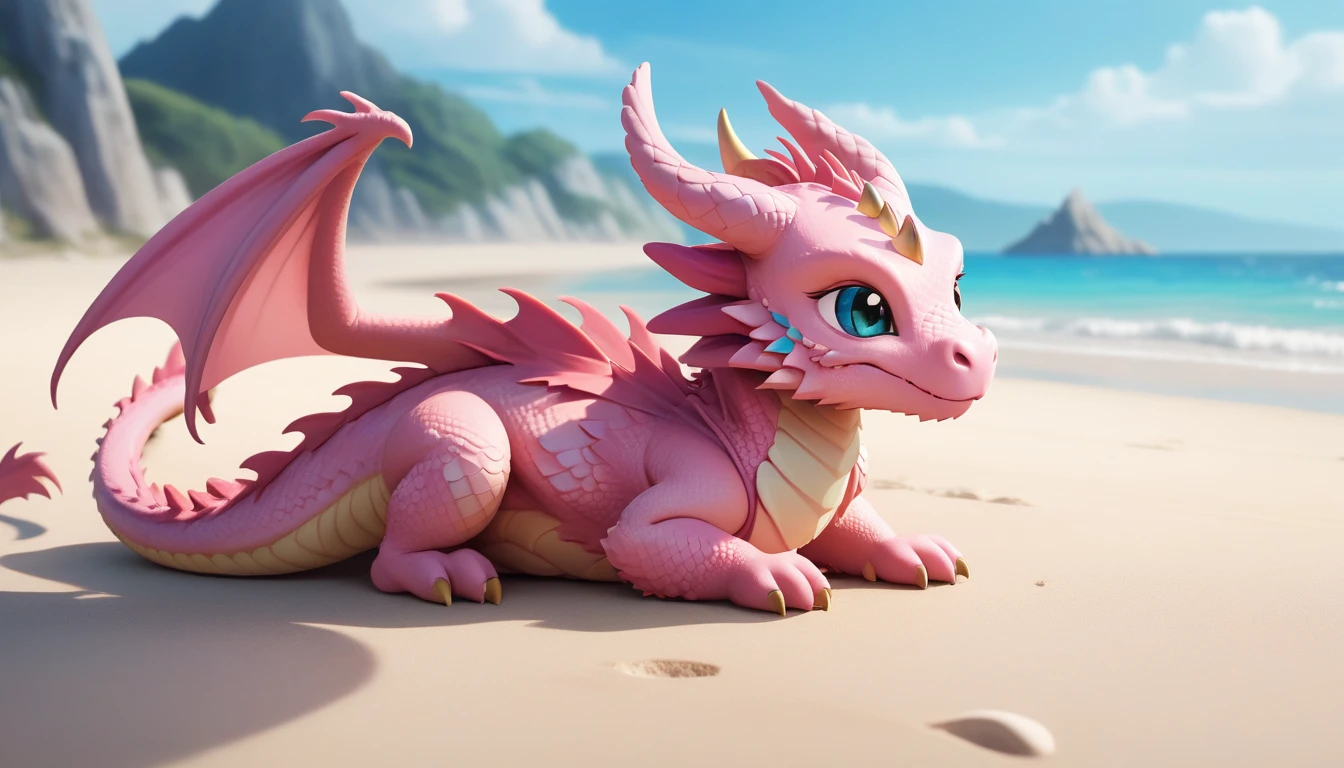 masterpiece,high quality,monster,solo,dragon ,(chibi:1.2),,(pink body:1.2),(pink dragon:1.2),horns,wings,lying on the ground,injured,unhappy,looking forward,looking sideways,head focus,poor,seaside,beach,blue sky,landscape,(non-human:1.2),lying,frustrated_brow,annoyed,frustrated,on stomach,bright-colored