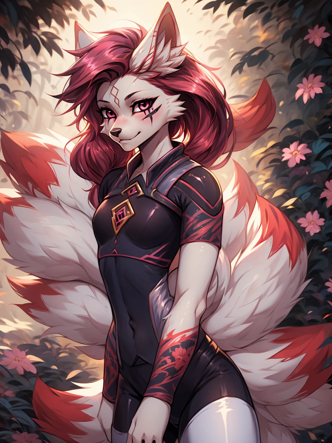 kimiko, bodysuit, multi tail, multiple tails, fox girl
white body, fur, pink and red hair, pink eyes
facial mark,  tattoo, eye scar, tied hair, ponytail, by fumiko, by hyattlen