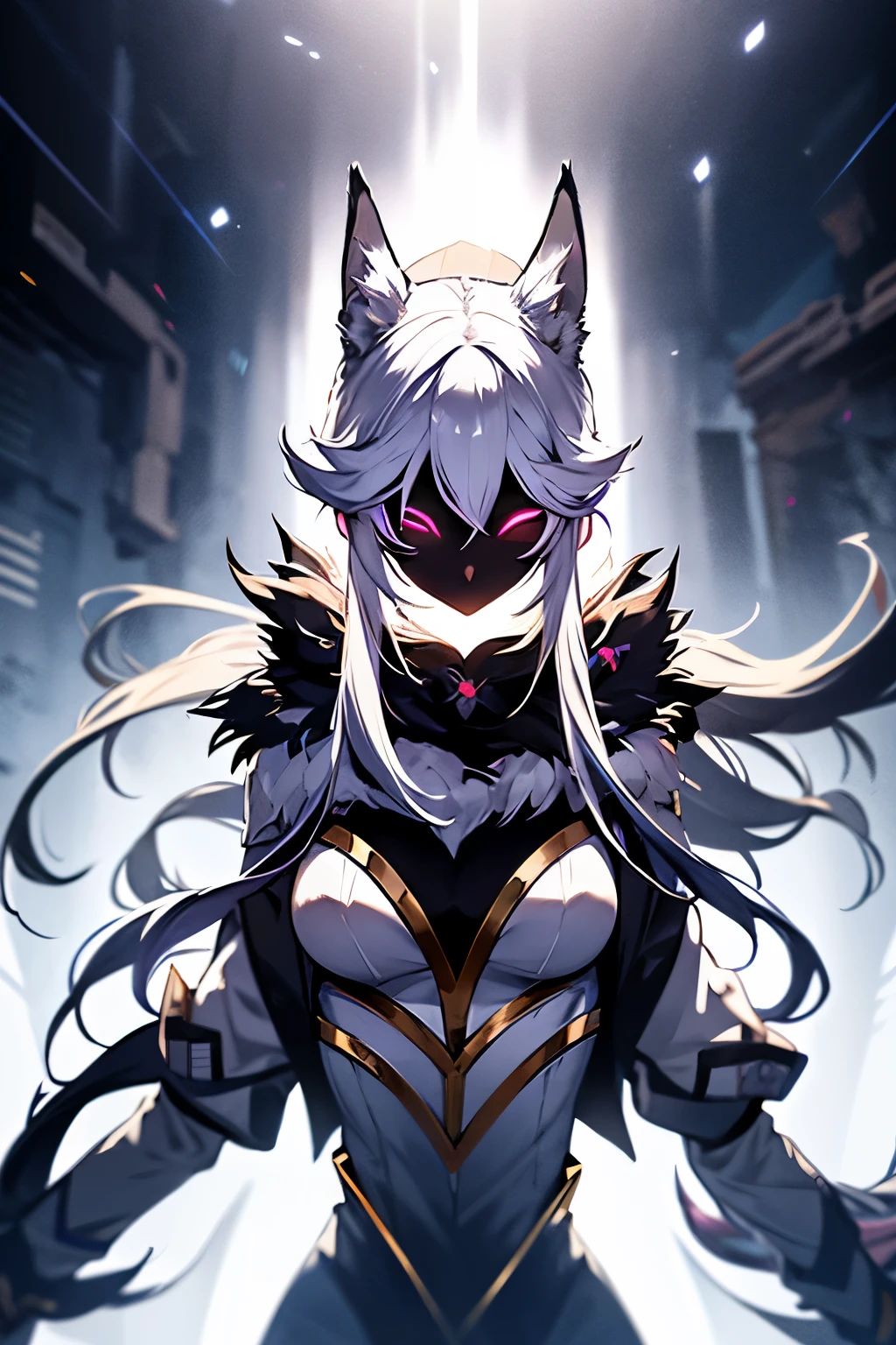 White hair, ethereal aura, serenity, wielded bow, light garments, spectral wolf, fierce nature, visual duality, soul hunters, smooth transition, agile posture, intense expression, light tones, dark tones, black facial mask.