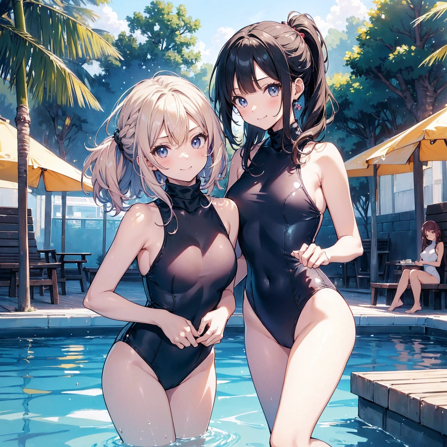 Best image quality, 8K, high quality, masterpiece:1.2), ((masterpiece)), (High detail, high quality, Best image quality), Bokeh, Depth of written boundary, Portraiture, Open Stance, (Cute illustrations:1.2), Poolside, (Multiple girls with different hair colors and styles:1.2), Five Girls, Dawn, Beautiful light, Professional Lighting, (Small ), (One piece turtleneck light color low V-neck swimsuit,), (Idol Master), Cute round face girl, , Dynamic pose, An exciting mood, smile, Dynamic Angle, Underarm,