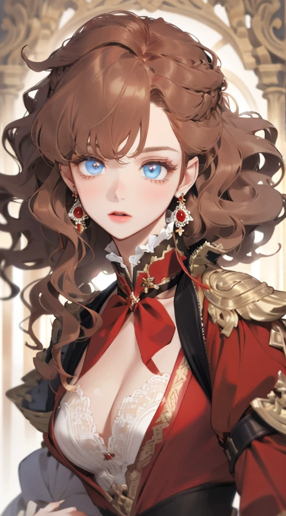 one-girl，vivid eyes，golden hair，Wavy curly hair，Red pop dress，conservativelydressed，Red earrings，beautiful hair ornaments，𝓡𝓸𝓶𝓪𝓷𝓽𝓲𝓬，ellegance，young，Pop，Hyper-Resolution，accuracy，detail render，（Delicate  portrayal）（Fine Brown hair portrayal）（highest  quality）（Master masterpieces）（High degree of completion）（a sense of atmosphere）tmasterpiece，ultra - detailed（half-body portrait）