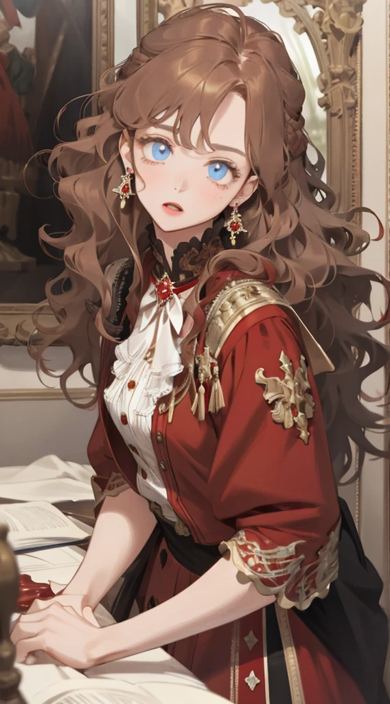 one-girl,vivid eyes,golden hair,Wavy curly hair,Red pop dress,conservativelydressed,Red earrings,beautiful hair ornaments,𝓡𝓸𝓶𝓪𝓷𝓽𝓲𝓬,ellegance,young,Pop,Hyper-Resolution,accuracy,detail render,(Delicate facial portrayal)(Fine Brown hair portrayal)(highest quality)(Master masterpieces)(High degree of completion)(a sense of atmosphere)tmasterpiece,ultra - detailed(half-body portrait)