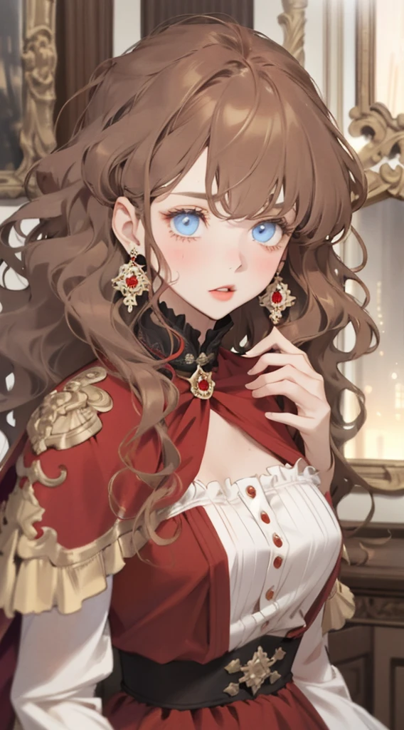 one-girl,vivid eyes,golden hair,Wavy curly hair,Red pop dress,conservativelydressed,Red earrings,beautiful hair ornaments,𝓡𝓸𝓶𝓪𝓷𝓽𝓲𝓬,ellegance,young,Pop,Hyper-Resolution,accuracy,detail render,(Delicate facial portrayal)(Fine Brown hair portrayal)(highest quality)(Master masterpieces)(High degree of completion)(a sense of atmosphere)tmasterpiece,ultra - detailed(half-body portrait)