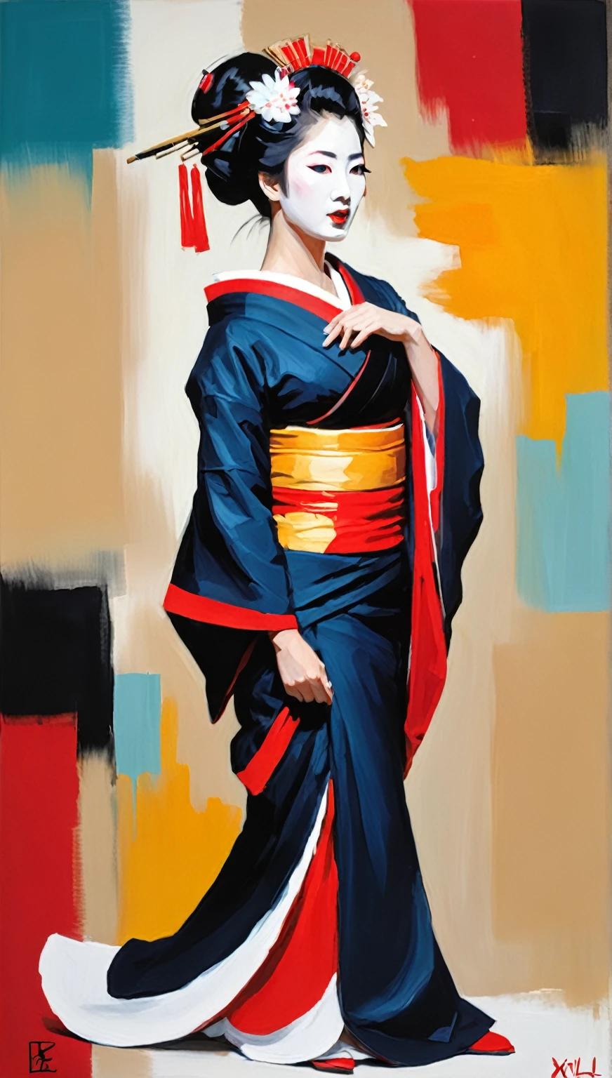 Abstract expressionist painting of a Geisha. Energetic brush, bold colors, abstract, expressive, emotional shapes