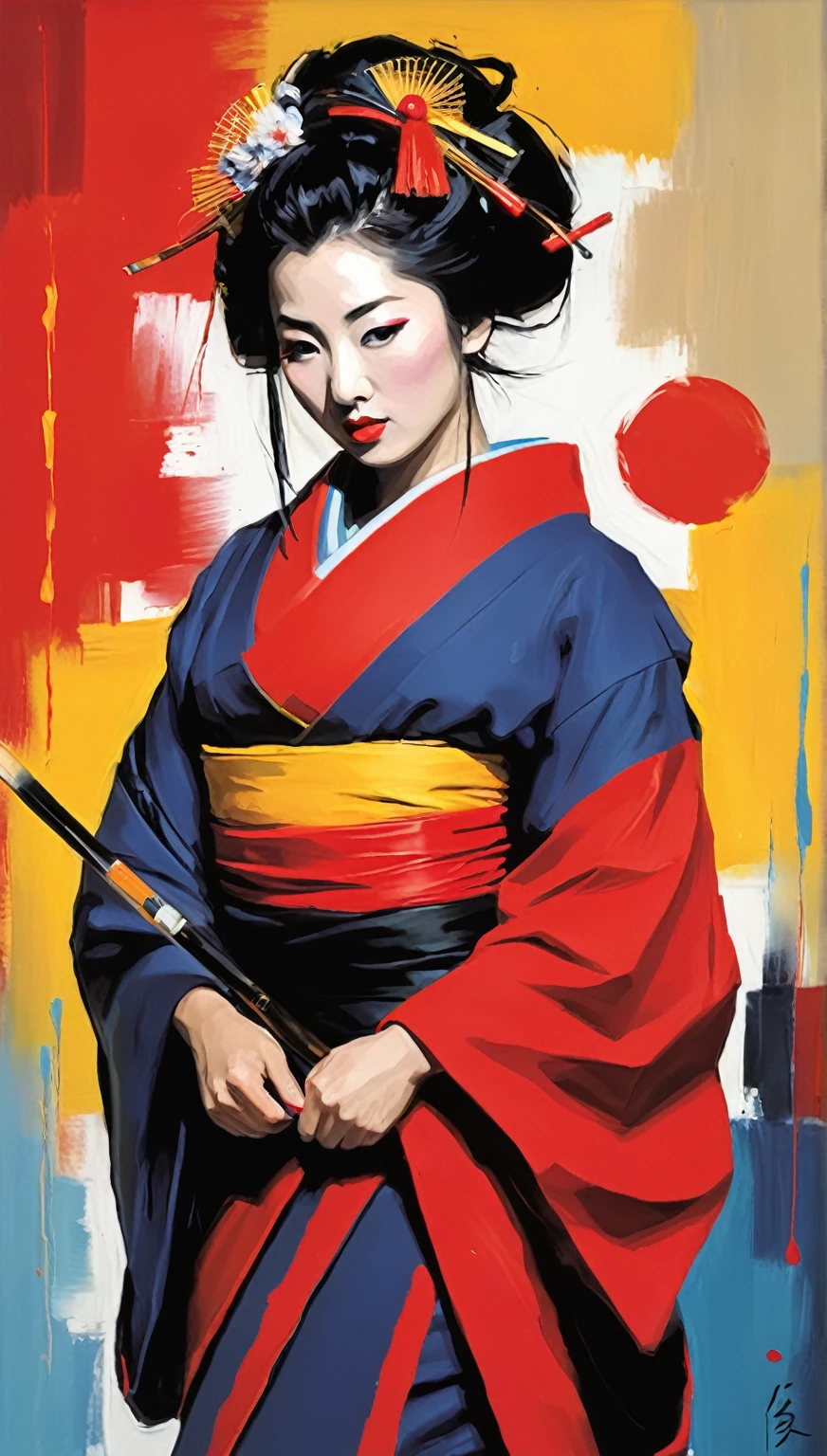 Abstract expressionist painting of a Geisha. Energetic brush, bold colors, abstract, expressive, emotional shapes