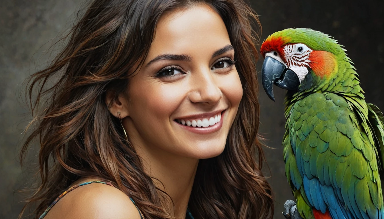 half body,
a woman smile with her best friend her parrot,
dark complex background, style by Thomas Kinkade+David A. Hardy+Carne Griffiths+Mandy Disher half vivid colors fine art, best quality, high detailed, detailed faces, 2d,